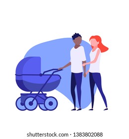 Interracial couple walk with pram. Mother and father together walking with newborn baby in stroller. Concept of outdoor activity with kid, family and open air, pram. Flat Cartoon Vector Illustration