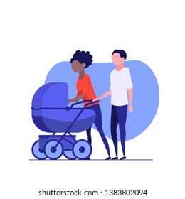 Interracial couple walk with pram. Mother and father together walking with newborn baby in stroller. Concept of outdoor activity with kid, family and open air, pram. Flat Cartoon Vector Illustration