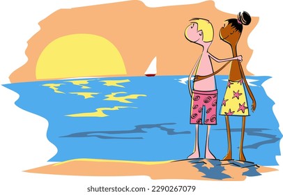Una pareja interracial observa una puesta de sol en la playa con un traje de baño y un vestido con estrellas de mar y conchas. La pareja está feliz de vacaciones en el mar.