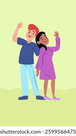 Interracial couple waving and smiling joyfully, celebrating their love and connection while embracing togetherness and happiness