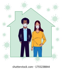interracial couple wearing medical masks characters vector illustration design