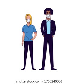 interracial couple wearing medical masks characters vector illustration design