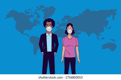 interracial couple wearing medical masks characters vector illustration design