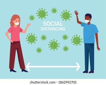 interracial couple wearing medical masks with arrow social distance vector illustration design