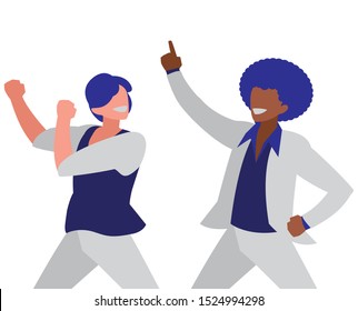 interracial dancers couple disco style characters vector illustration design