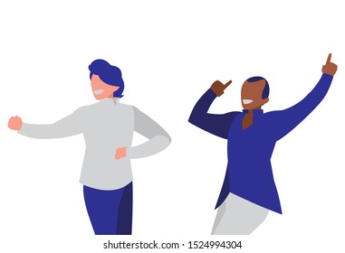 interracial dancers couple disco style characters vector illustration design