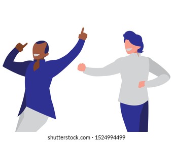 interracial dancers couple disco style characters vector illustration design