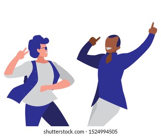 interracial dancers couple disco style characters vector illustration design