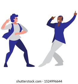 interracial dancers couple disco style characters vector illustration design