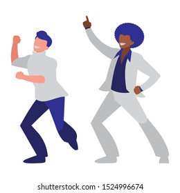 interracial dancers couple disco style characters vector illustration design