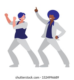 interracial dancers couple disco style characters vector illustration design