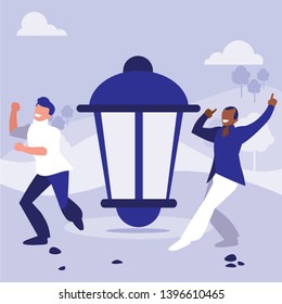 interracial dancers couple in the park vector illustration design