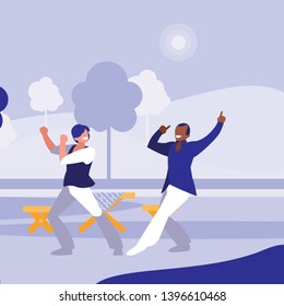 interracial dancers couple in the park vector illustration design