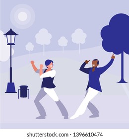 interracial dancers couple in the park vector illustration design