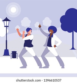 interracial dancers couple in the park vector illustration design