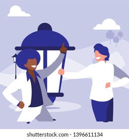 interracial dancers couple in the park vector illustration design