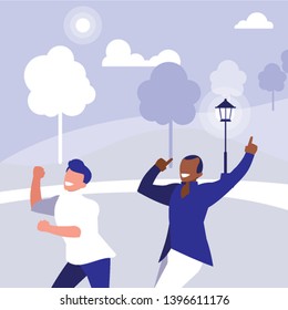 interracial dancers couple in the park vector illustration design