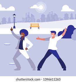 interracial dancers couple in the park vector illustration design