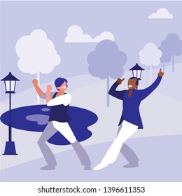 interracial dancers couple in the park vector illustration design