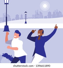 interracial dancers couple in the park vector illustration design