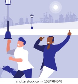 interracial dancers couple in the park vector illustration design