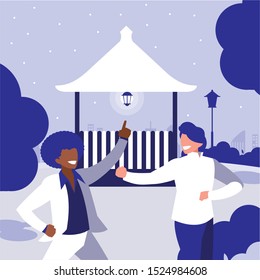 interracial dancers couple in the park vector illustration design
