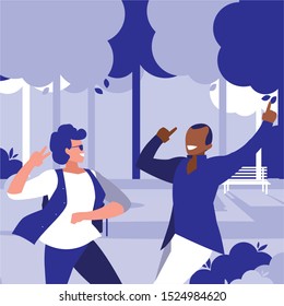 interracial dancers couple in the park vector illustration design