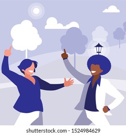 interracial dancers couple in the park vector illustration design