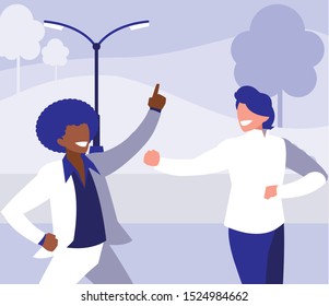 interracial dancers couple in the park vector illustration design