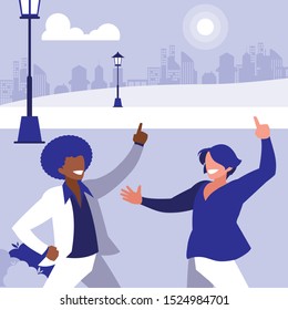 interracial dancers couple in the park vector illustration design