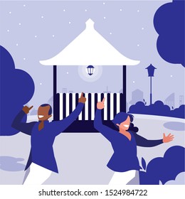 interracial dancers couple in the park vector illustration design