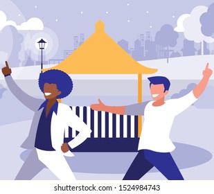 interracial dancers couple in the park vector illustration design