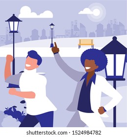 interracial dancers couple in the park vector illustration design