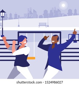 interracial dancers couple in the park vector illustration design