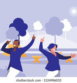 interracial dancers couple in the park vector illustration design