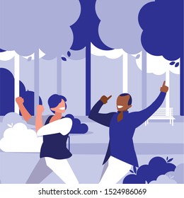 interracial dancers couple in the park vector illustration design