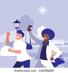 interracial dancers couple in the park vector illustration design