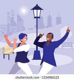 interracial dancers couple in the park vector illustration design