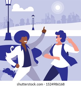 interracial dancers couple in the park vector illustration design