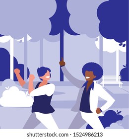 interracial dancers couple in the park vector illustration design