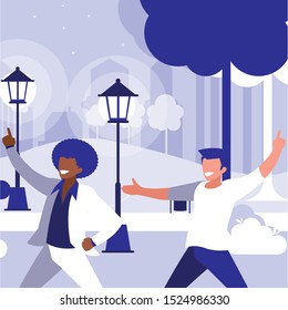 interracial dancers couple in the park vector illustration design