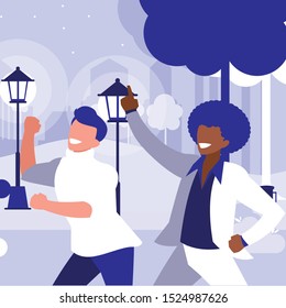 interracial dancers couple in the park vector illustration design