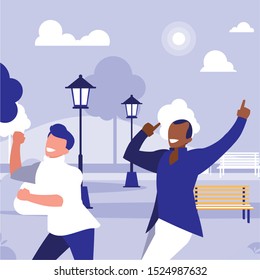 interracial dancers couple in the park vector illustration design
