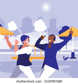 interracial dancers couple in the park vector illustration design