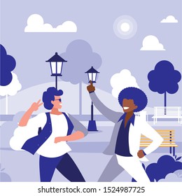 interracial dancers couple in the park vector illustration design