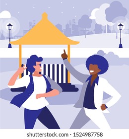 interracial dancers couple in the park vector illustration design