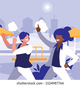 interracial dancers couple in the park vector illustration design