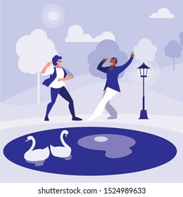 interracial dancers couple in the park vector illustration design