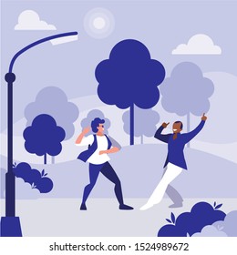 interracial dancers couple in the park vector illustration design