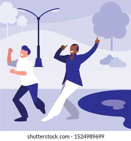interracial dancers couple in the park vector illustration design